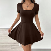 Women's Square Neck Short Sleeve Ruffle Hem A Line Flare Mini Basic Dress - Pretty women dresses