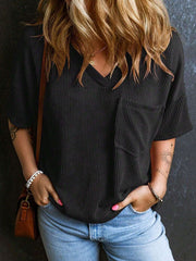 Fashionable Two-tone Pullover Short Sleeve V-neck Top For Women Fashionable Two-tone Pullover Short Sleeve V-neck Top For Women