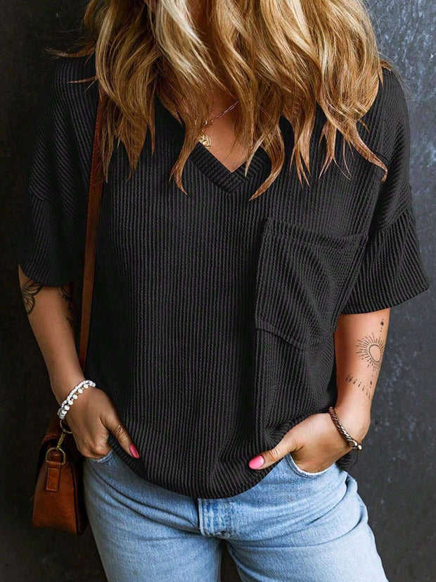 Fashionable Two-tone Pullover Short Sleeve V-neck Top For Women Fashionable Two-tone Pullover Short Sleeve V-neck Top For Women