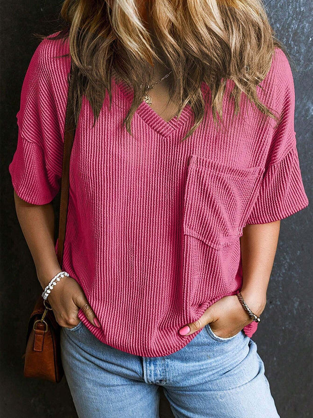 Fashionable Two-tone Pullover Short Sleeve V-neck Top For Women Fashionable Two-tone Pullover Short Sleeve V-neck Top For Women
