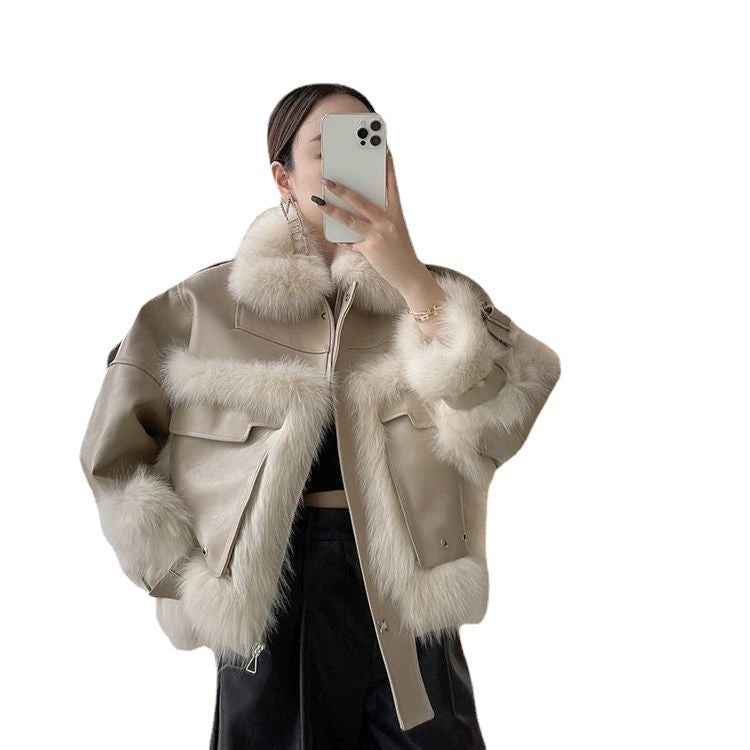 Sense Fox Fur Leather Coat with Elegant Stitching