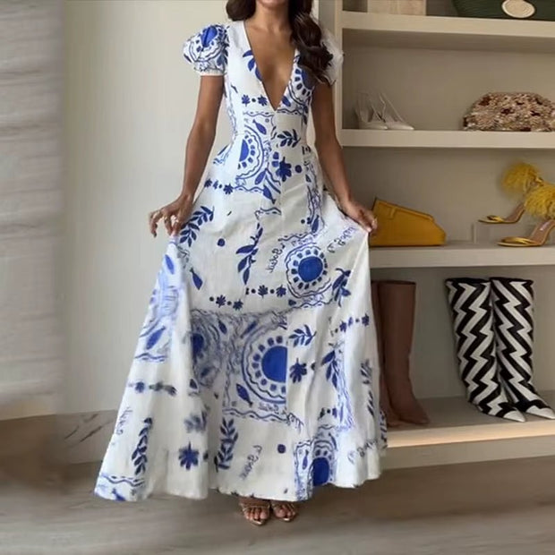 Ellafads™ Summer Glam Maxi Dress – Printed Deep V - Neck, Puff Sleeves, Waist - Slimming Fit for Beach to Party Chic - Pretty women dresses