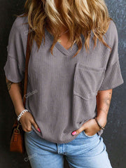 Fashionable Two-tone Pullover Short Sleeve V-neck Top For Women Fashionable Two-tone Pullover Short Sleeve V-neck Top For Women