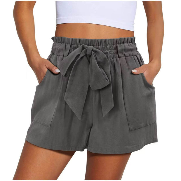 Summer New Elastic Waist Drawstring Knotted Short Solid Color Casual Women