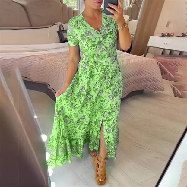 Floral Allure: Elegant Women’s Flower Print Deep V - Neck Dress - Pretty women dresses