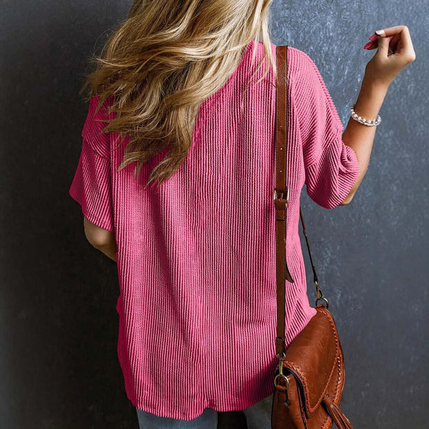 Fashionable Two-tone Pullover Short Sleeve V-neck Top For Women Fashionable Two-tone Pullover Short Sleeve V-neck Top For Women