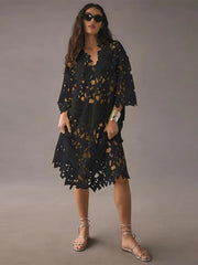 Seductive Elegance: Sexy Lace Hollow Out V - Neck Beach Dress - Pretty women dresses