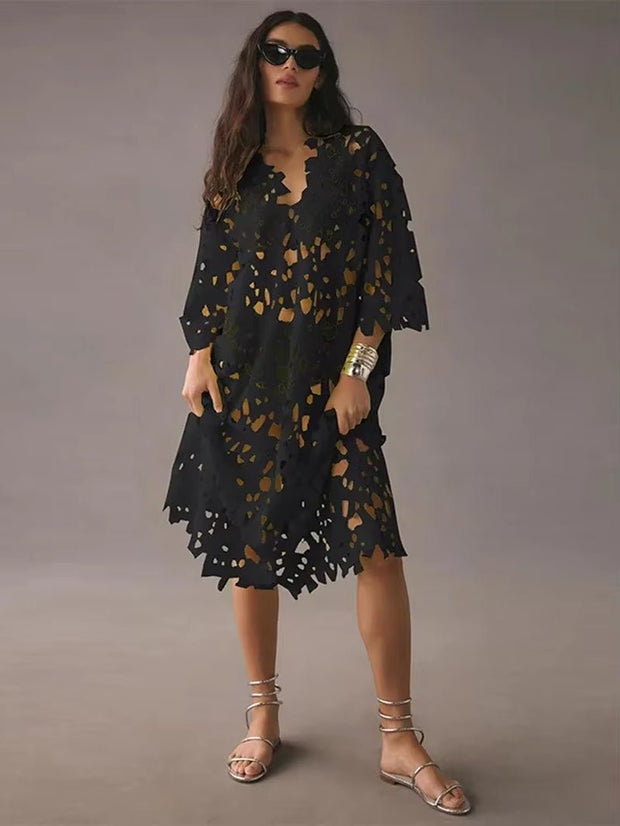 Seductive Elegance: Sexy Lace Hollow Out V - Neck Beach Dress - Pretty women dresses