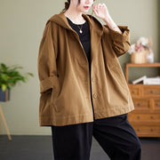 Hooded Loose Coat Women Retro Khaki Casual Cotton Artistic Stitching Women - Pretty women dresses