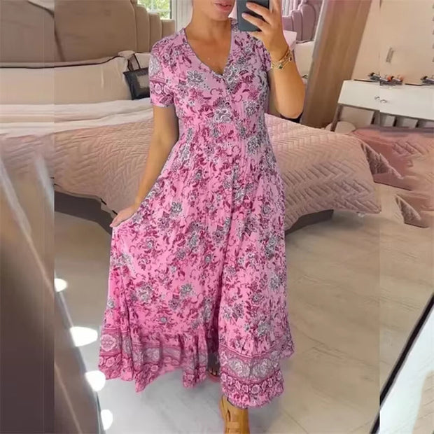 Floral Allure: Elegant Women’s Flower Print Deep V-Neck Dress