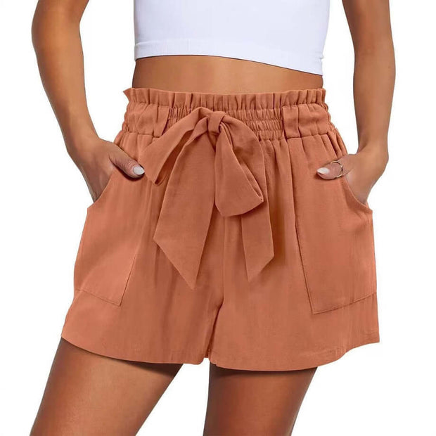Summer New Elastic Waist Drawstring Knotted Short Solid Color Casual Women