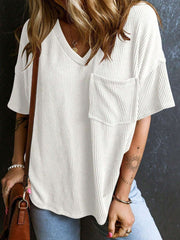 Fashionable Two-tone Pullover Short Sleeve V-neck Top For Women Fashionable Two-tone Pullover Short Sleeve V-neck Top For Women