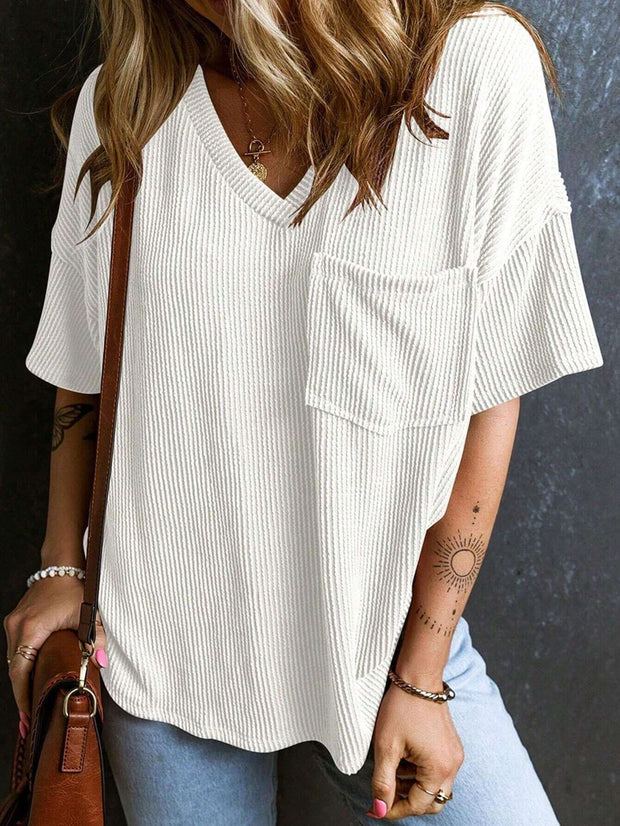 Fashionable Two-tone Pullover Short Sleeve V-neck Top For Women Fashionable Two-tone Pullover Short Sleeve V-neck Top For Women