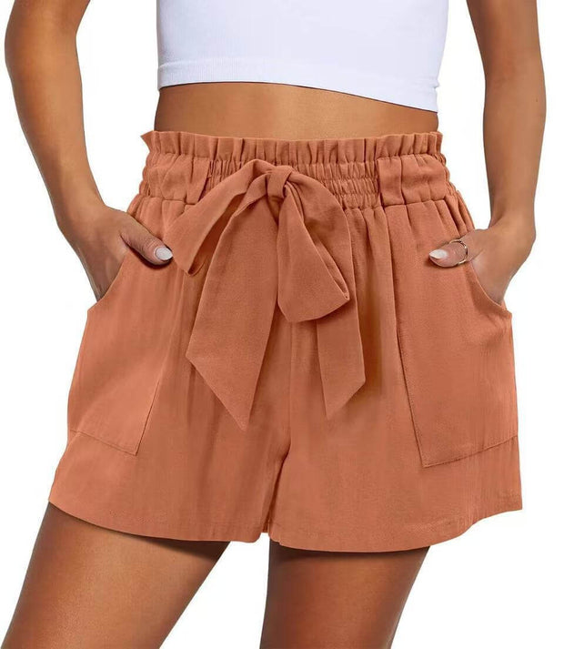 Summer New Elastic Waist Drawstring Knotted Short Solid Color Casual Women