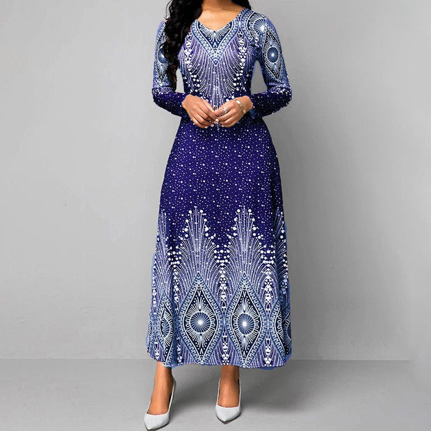 Women's Plus Size Elegant V - Neck Long Sleeve A - Line Dress With Starry Sky Print, Slim - Fit Flowy Maxi Dress For Holiday & Party Wear - Pretty women dresses