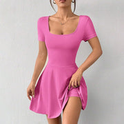 Women's Square Neck Short Sleeve Ruffle Hem A Line Flare Mini Basic Dress - Pretty women dresses