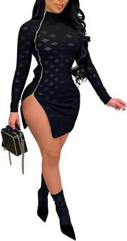 Women Sexy Sheer Mesh Boydcon Midi Dress See through Printed Long Sleeve Midi Skinny Clubwear Party Dress - Pretty women dresses