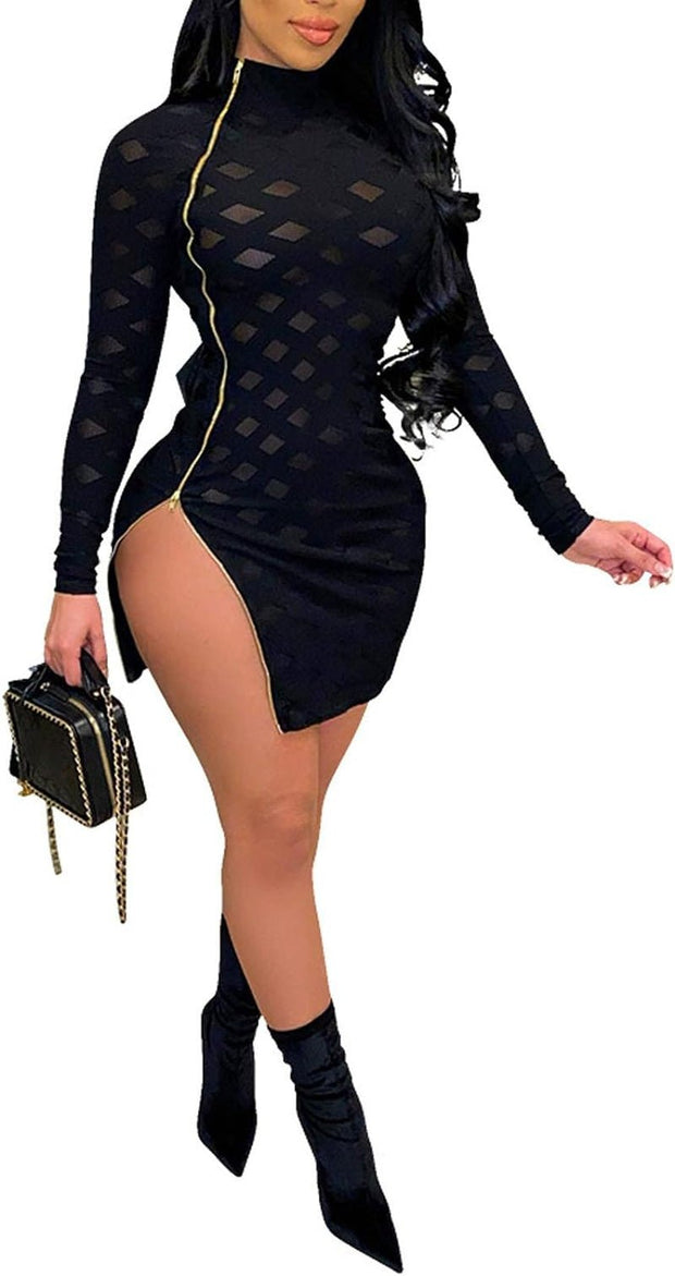 Women Sexy Sheer Mesh Boydcon Midi Dress See through Printed Long Sleeve Midi Skinny Clubwear Party Dress - Pretty women dresses