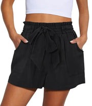 Summer New Elastic Waist Drawstring Knotted Short Solid Color Casual Women