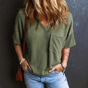 Fashionable Two-tone Pullover Short Sleeve V-neck Top For Women Fashionable Two-tone Pullover Short Sleeve V-neck Top For Women