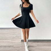 Women's Square Neck Short Sleeve Ruffle Hem A Line Flare Mini Basic Dress - Pretty women dresses