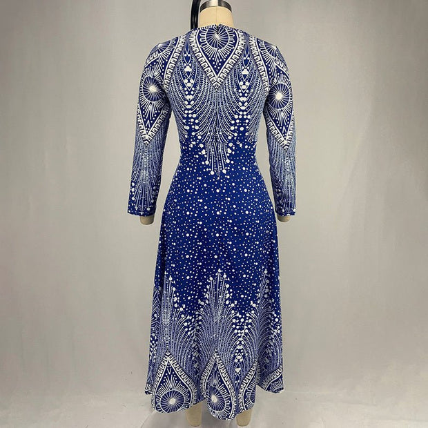Women's Plus Size Elegant V - Neck Long Sleeve A - Line Dress With Starry Sky Print, Slim - Fit Flowy Maxi Dress For Holiday & Party Wear - Pretty women dresses