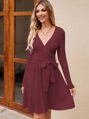 Women's Wrap A - Line Knit Dress Long Sleeve - Pretty women dresses