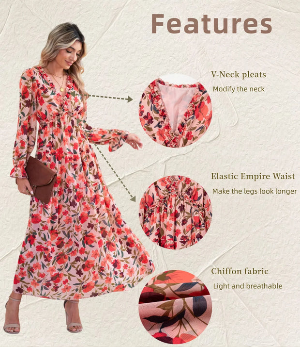 Women'S Apricot Floral Maxi Dresses Casual Deep V Neck Long Sleeve Evening Dress Cocktail Party Dress for Women, US 16-18(XL)